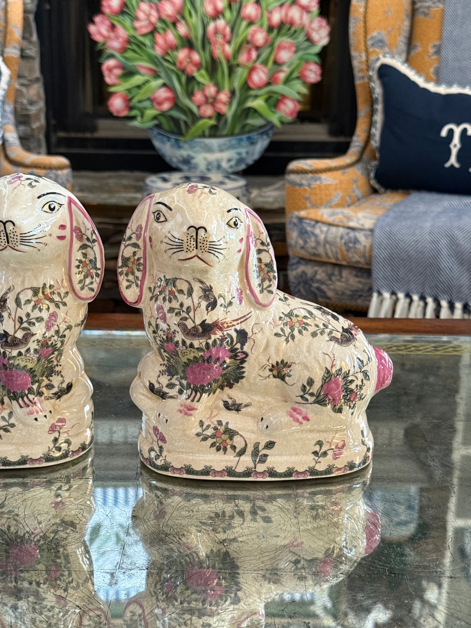 Rose medallion porcelain Staffordshire bunny pair