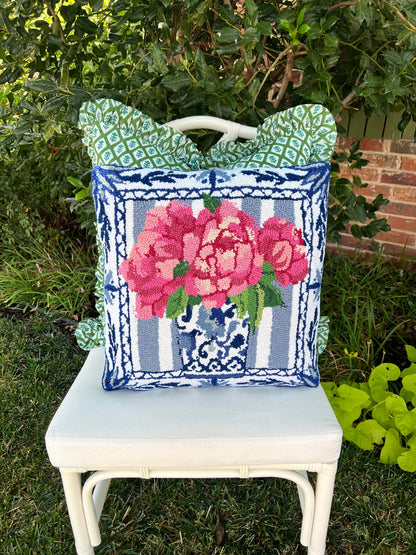 Chinoiserie and pink peonies on blue stripes pillow