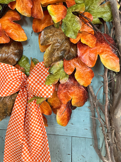 Orange and white gingham bias check Fall wreath sash,  embroidered monogram available