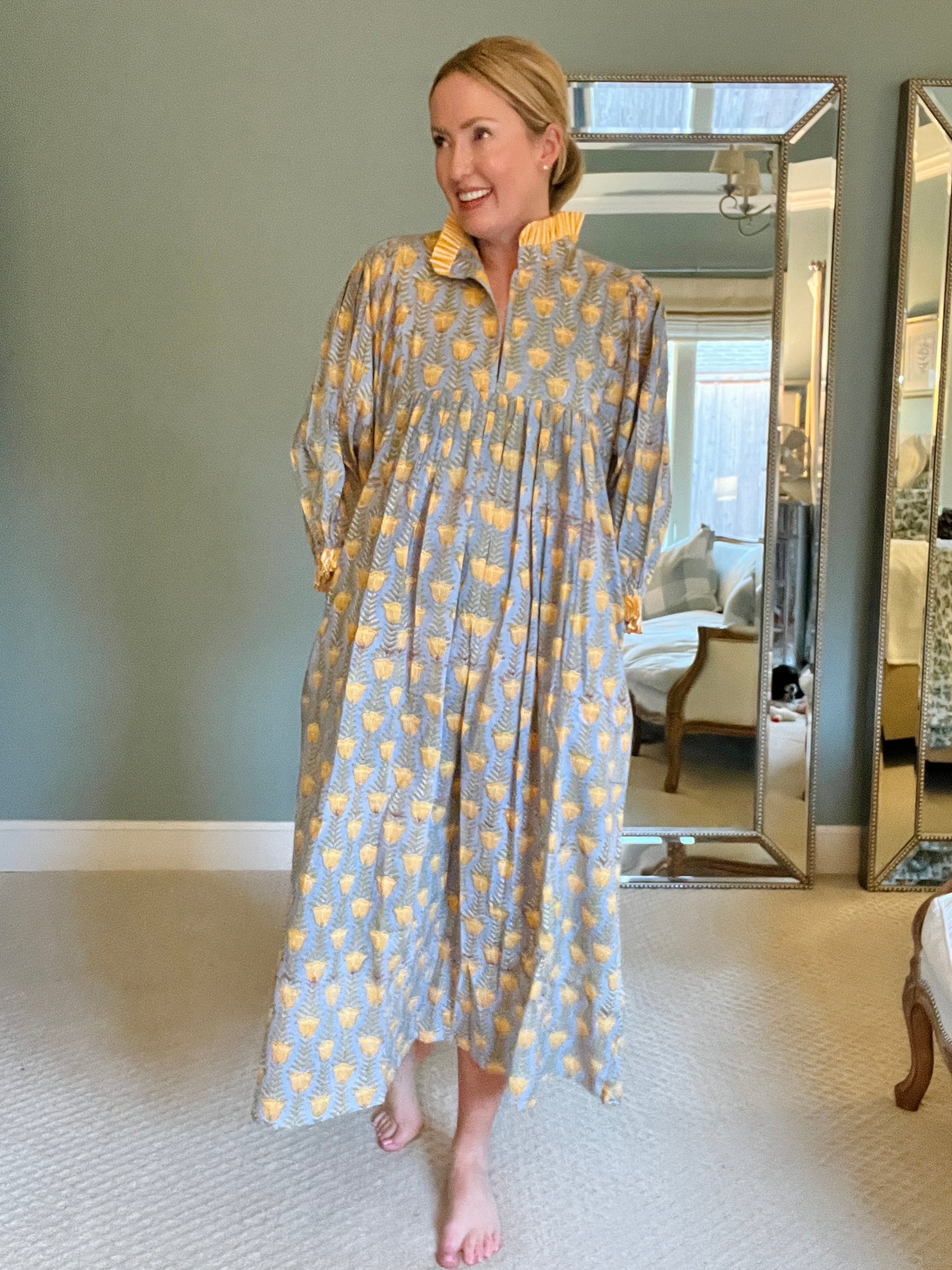 Lillie caftan maxi dress in blue and yellow buttercup print