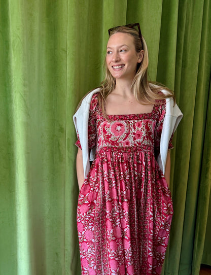 Lottie dress with tie shoulders in red and pink