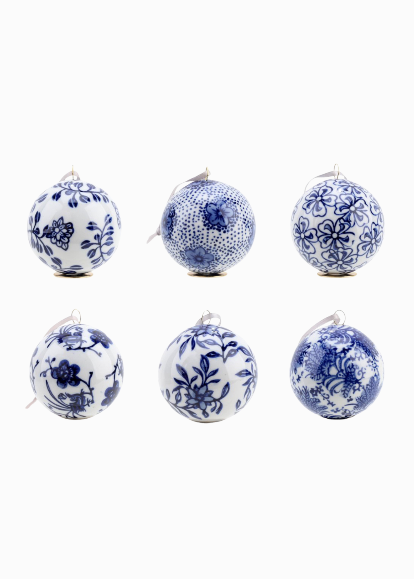 Set of 6 blue and white porcelain ball holiday ornaments