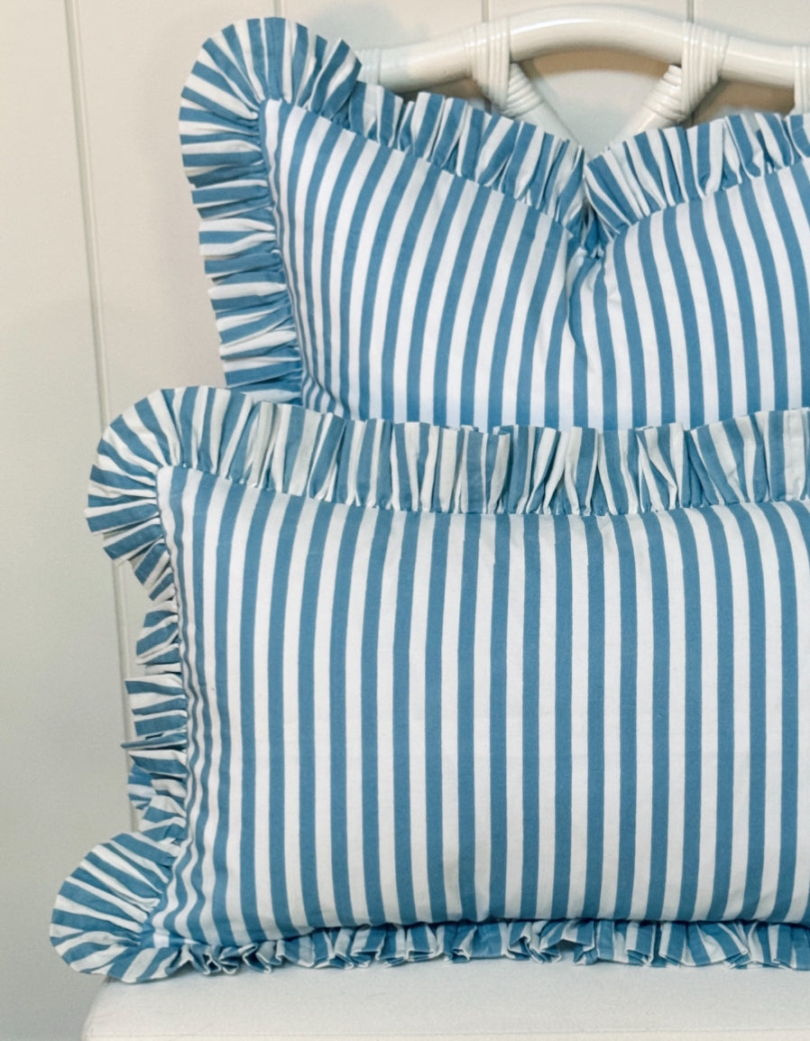 Hydrangea blue and white striped ruffle pillow cover