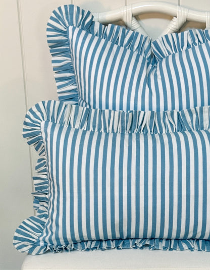 Hydrangea blue and white striped ruffle pillow cover