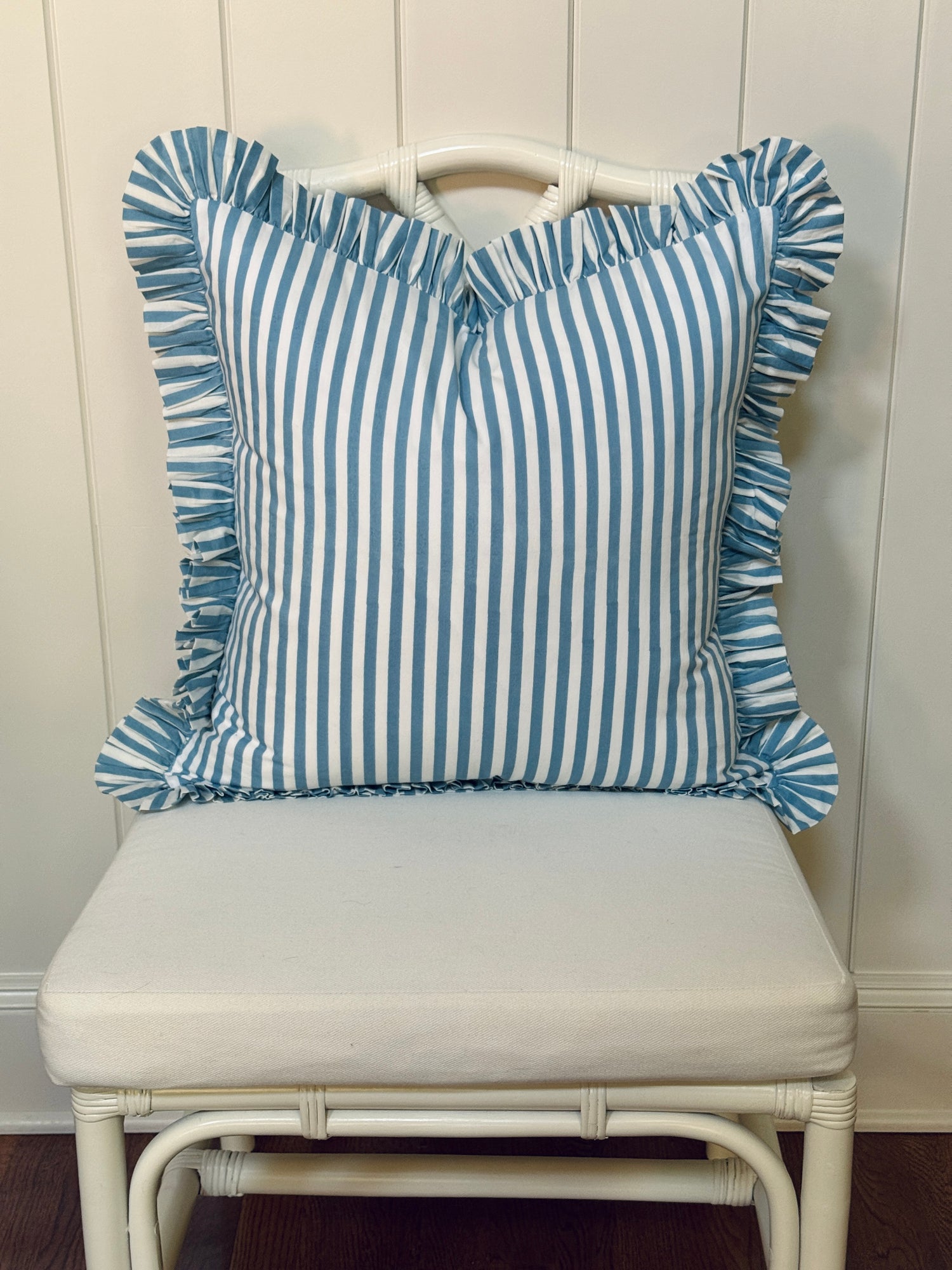 Hydrangea blue and white striped ruffle pillow cover