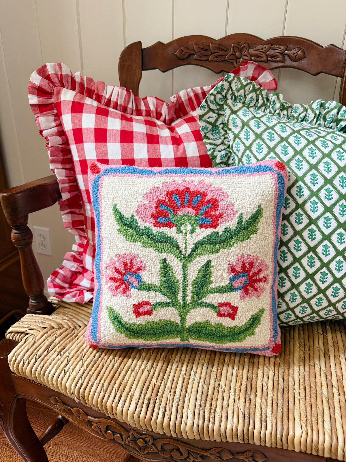 Mughal floral square hand hooked pillow pink and blue