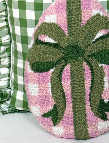 Pink gingham Easter egg hand hooked pillow