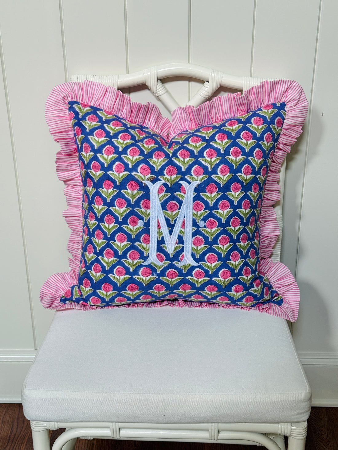 Violet and pink block print floral pillow cover, monogram available