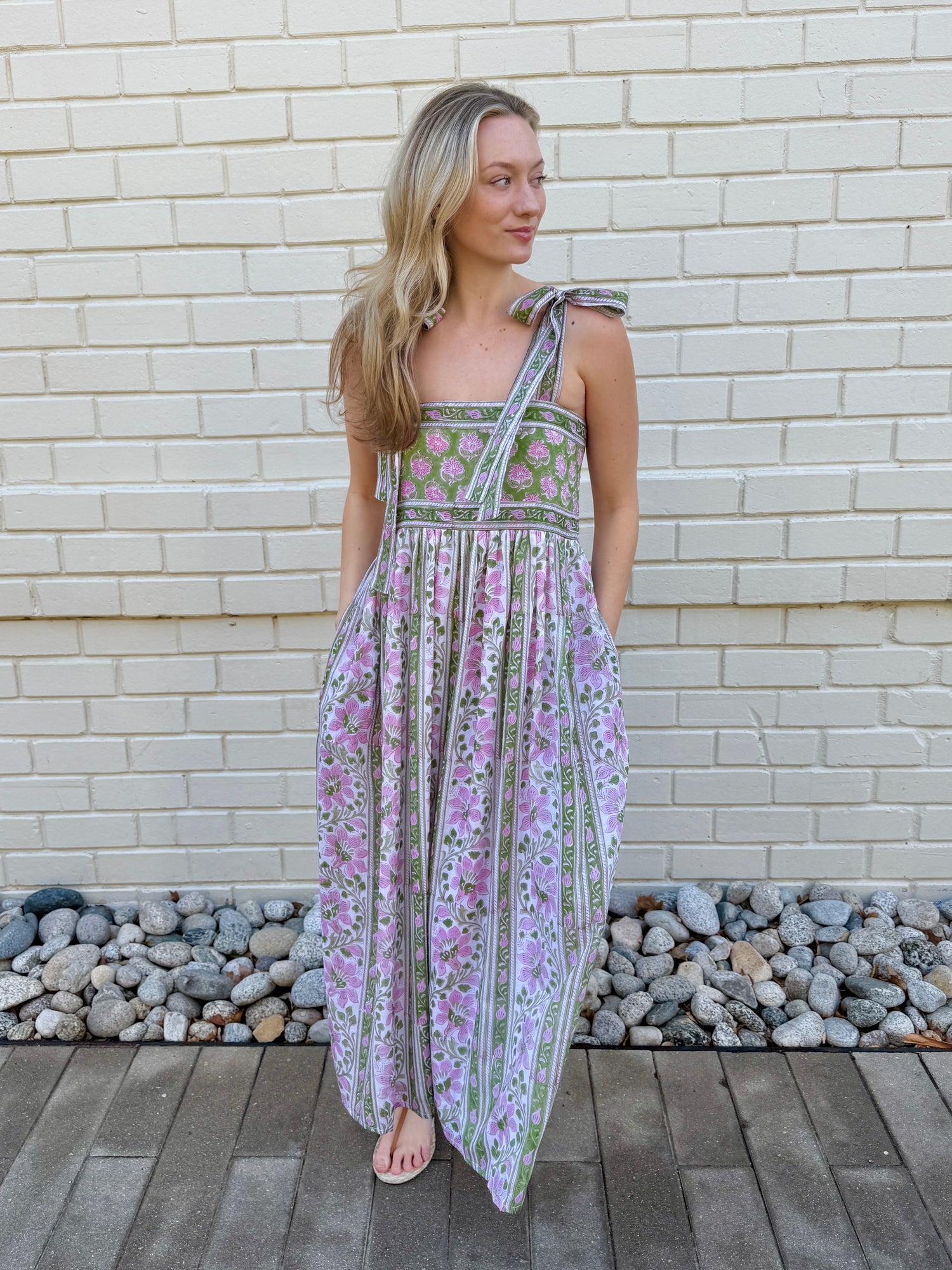Lottie dress with tie shoulders in pink and green