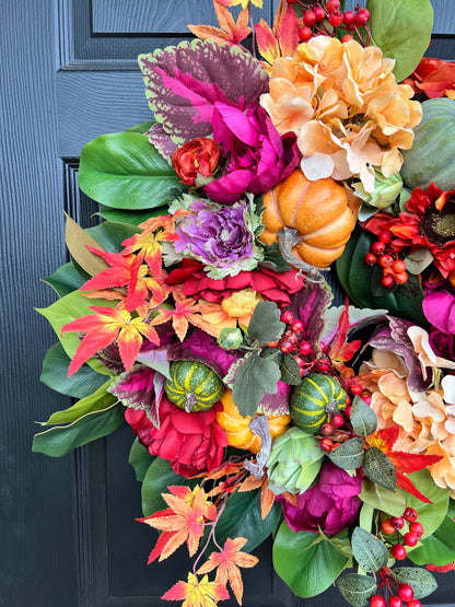 Fall floral and pumpkin wreath, bright colors with optional gingham ribbon, 3 sizes available