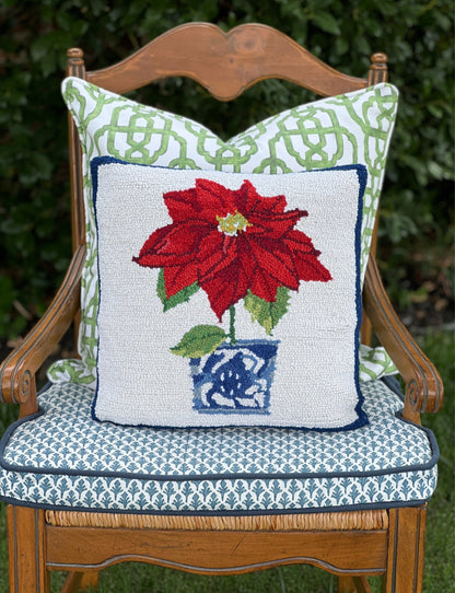 Holiday chinoiserie potted poinsettia hooked wool pillow