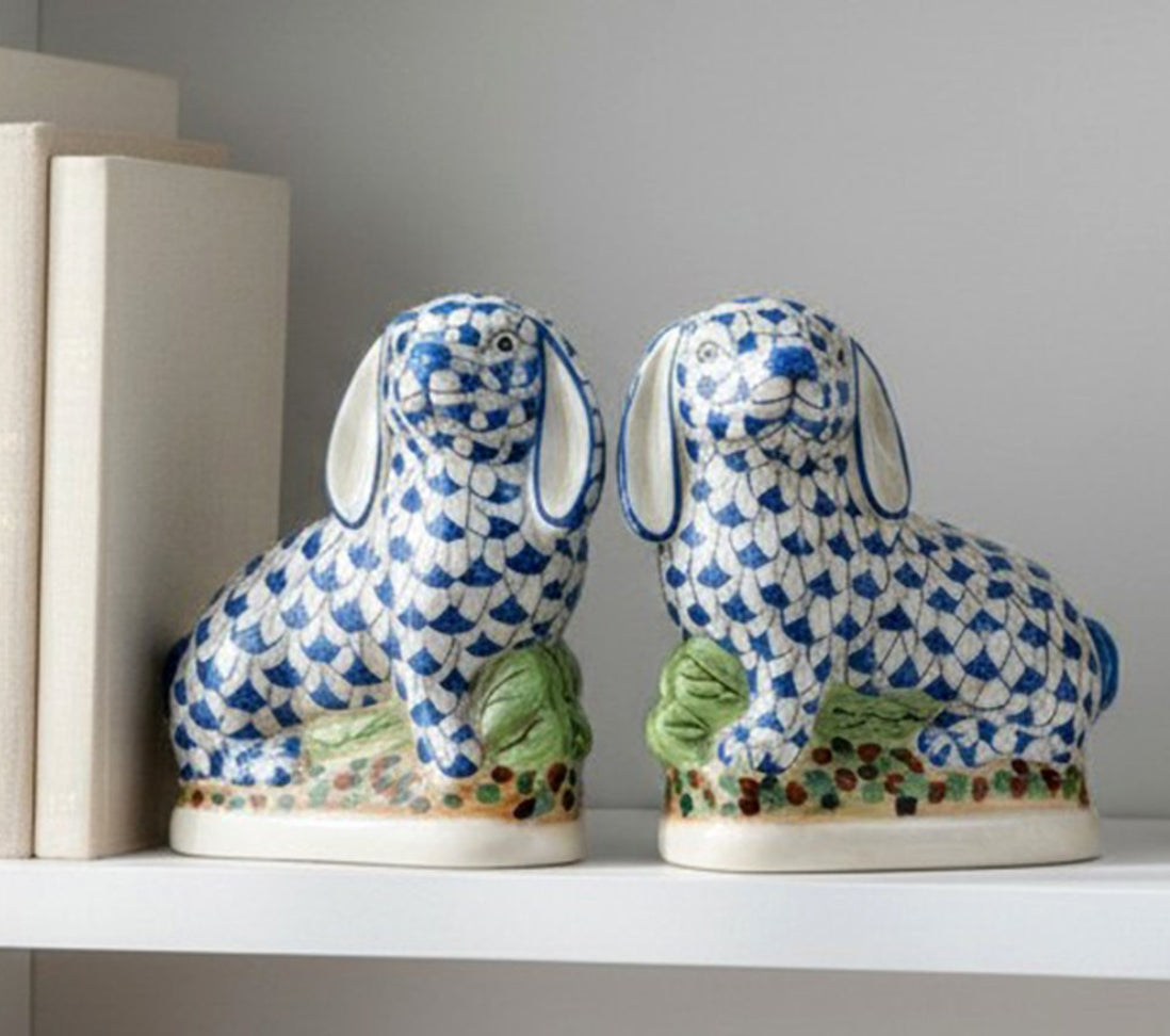 Blue fishnet Staffordshire bunny pair 8.5”