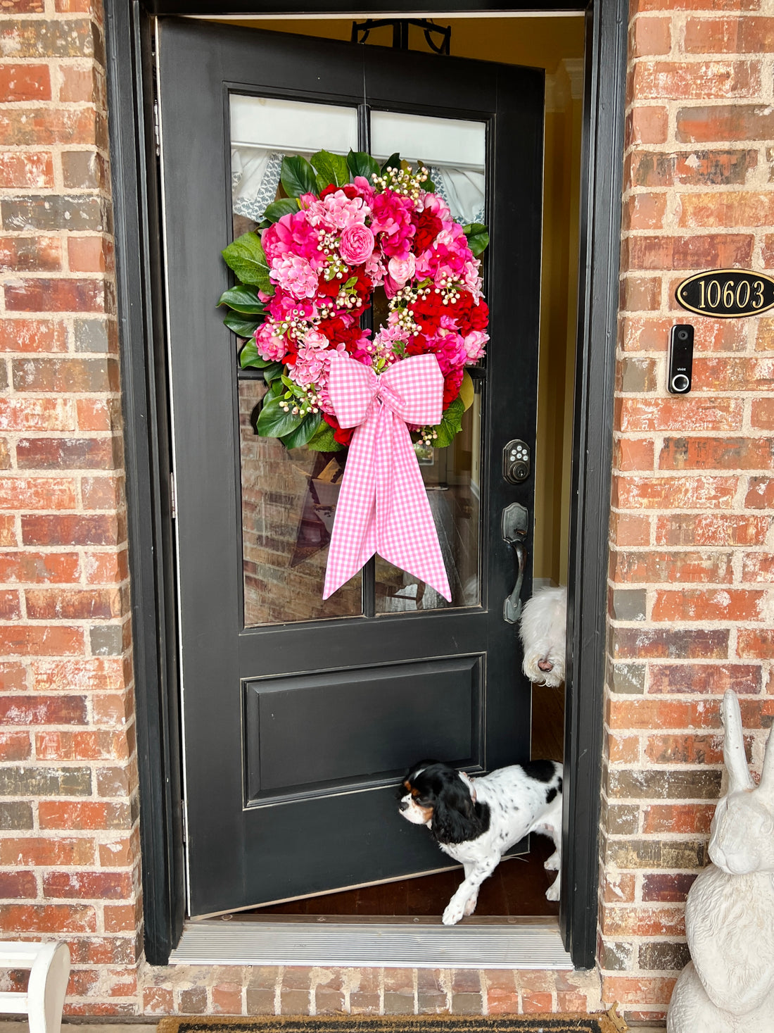 Pink and red hydrangea, peony, and ranunculus wreath, Valentine’s Day wreath with pink gingham bow sash