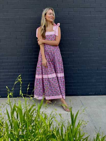 Maisie Maxi Dress in Pink Posey block print