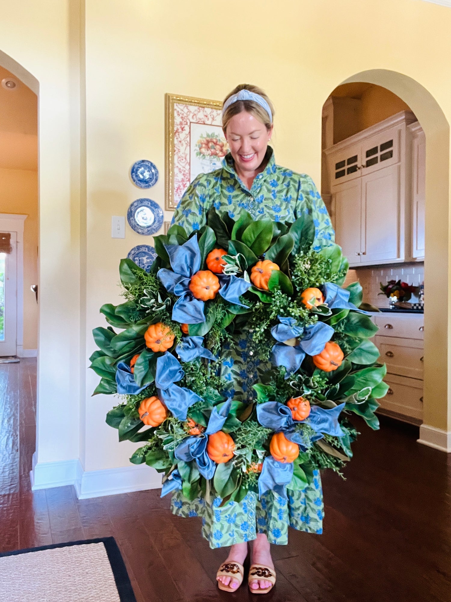 Fall orange pumpkin and magnolia wreath with optional French blue ribbons