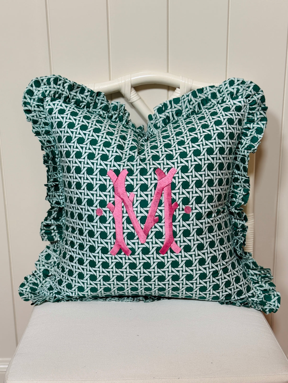 Emerald green cane trellis block print pillow cover, monogram available