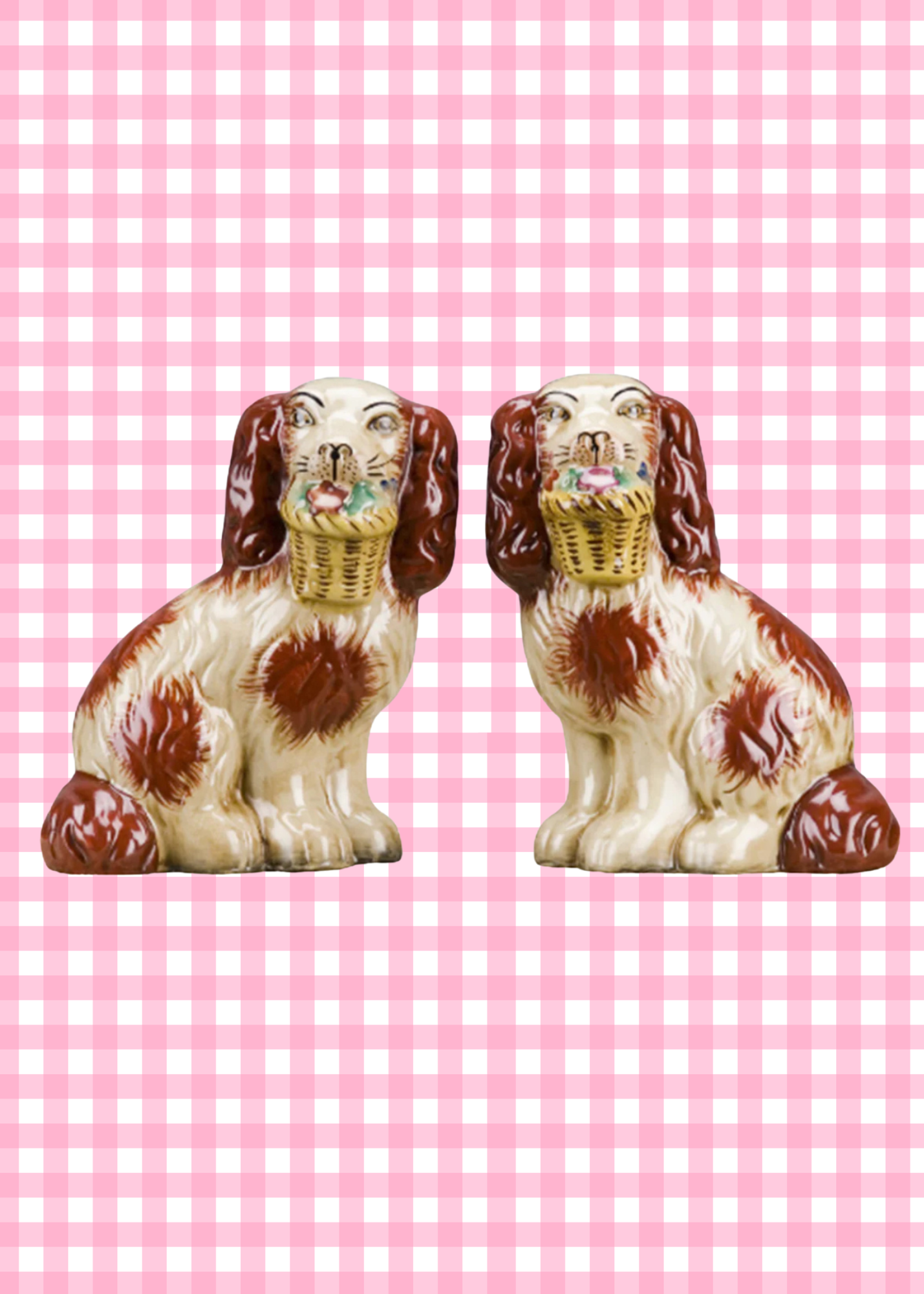 Staffordshire dog pair with flower baskets- rust