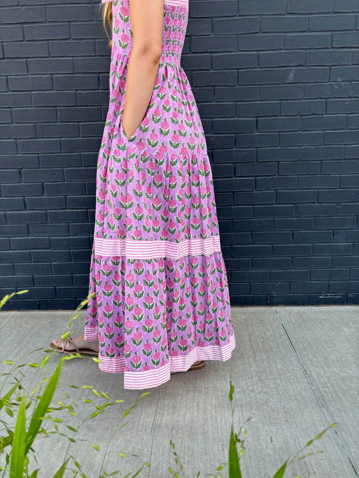 Maisie Maxi Dress in Pink Posey block print