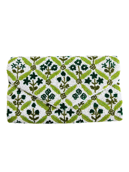 Hand beaded green and white block print floral trellis clutch