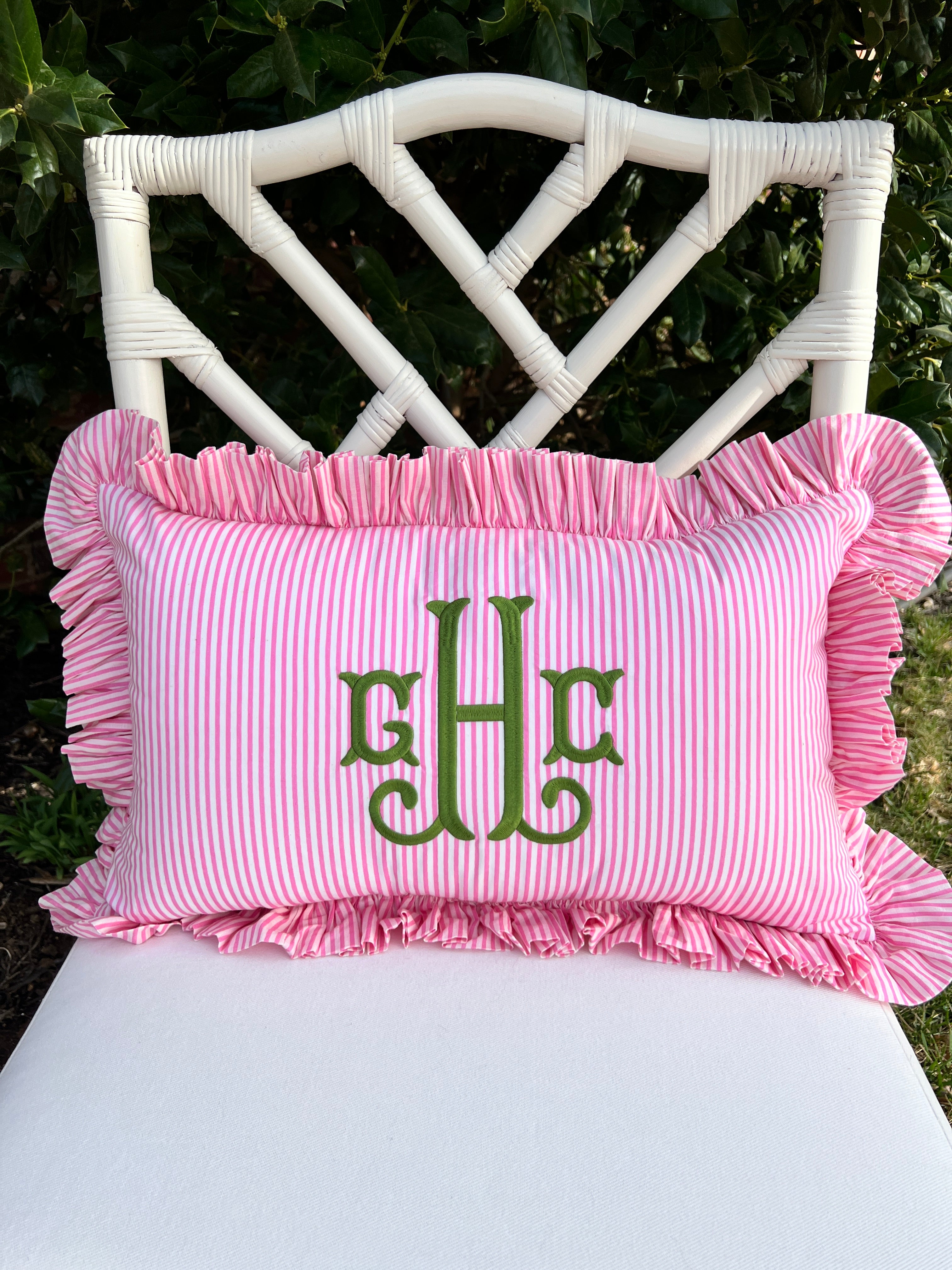 Pink striped ruffle pillow cover