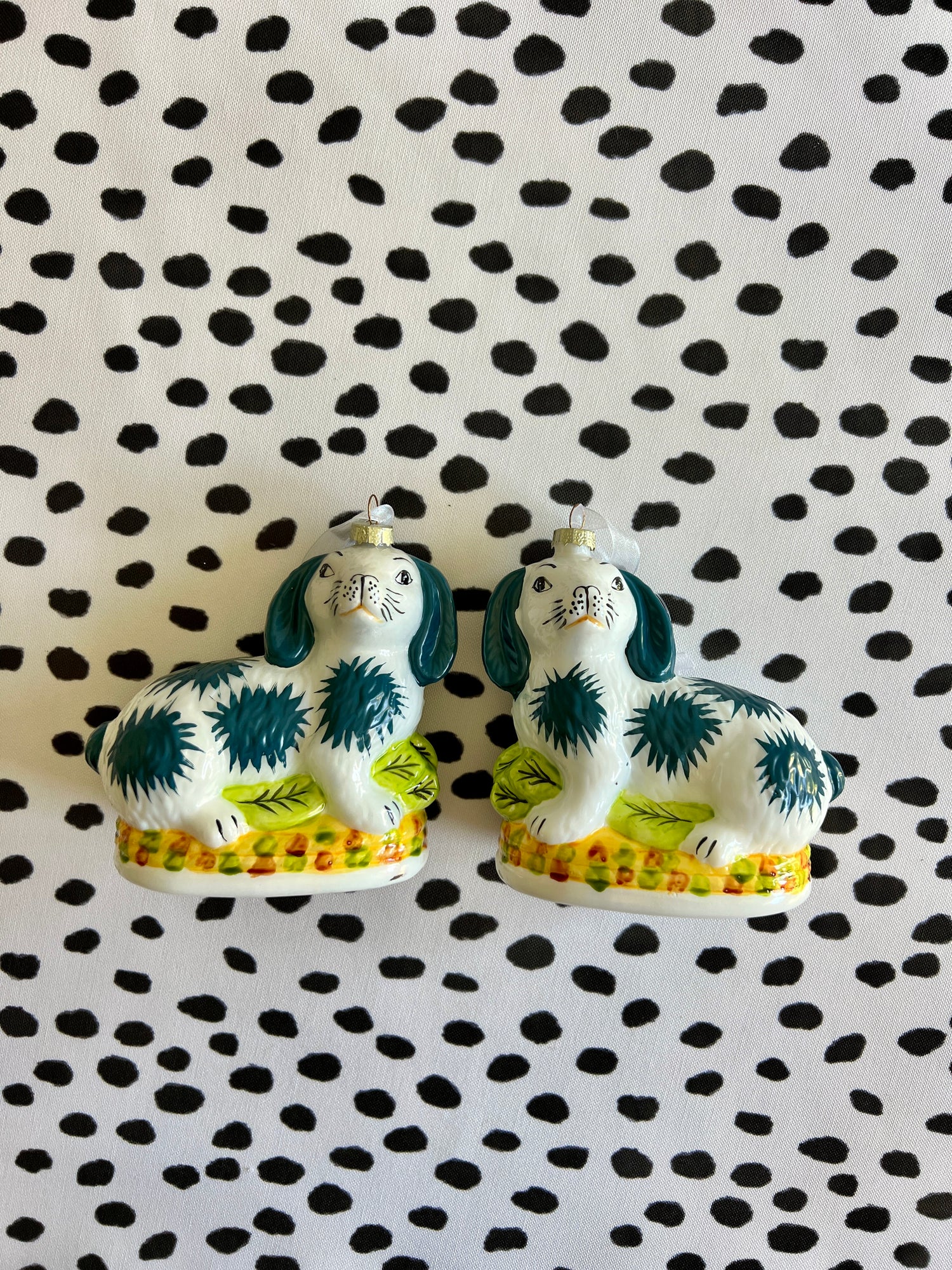 Staffordshire bunny ornament set of two, blue