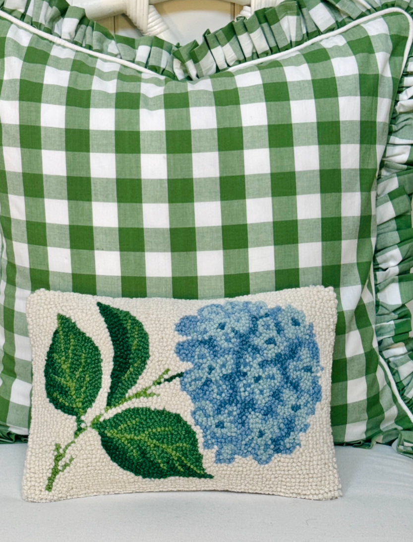 Little hand hooked hydrangea pillow