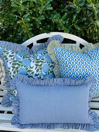 Blue striped ruffle pillow cover, two sizes