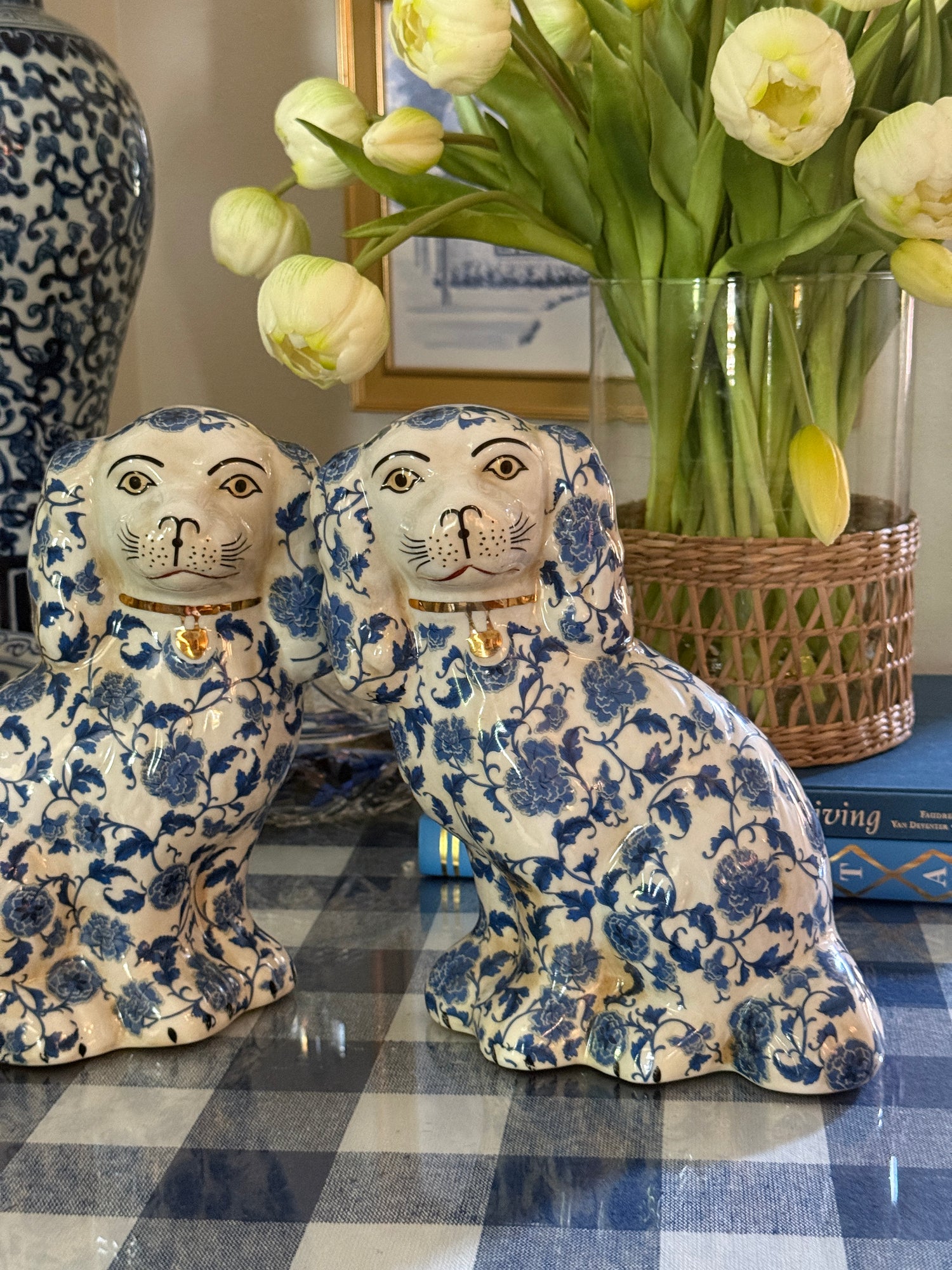 Large blue and white floral Staffordshire dog pair 9” tall
