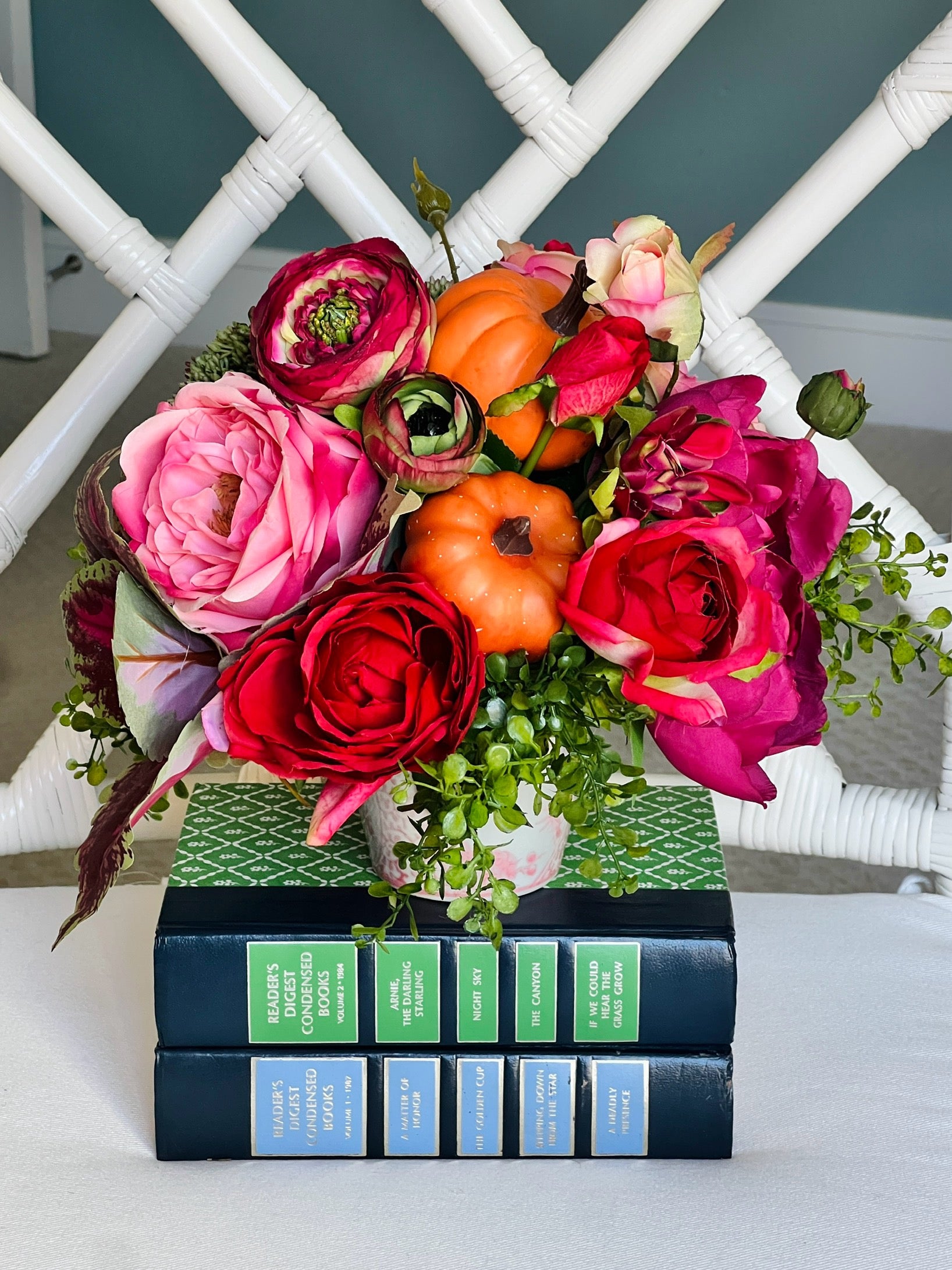 Petite faux floral pumpkin arrangement, fall colors in pink and white chinoiserie pot