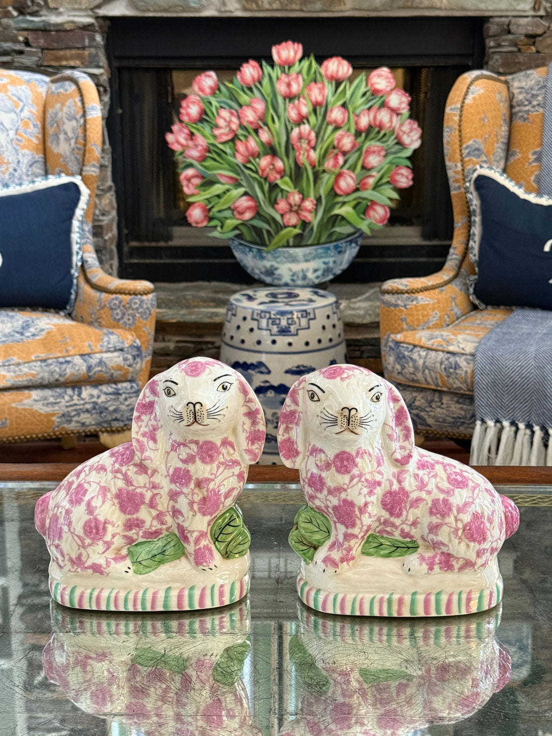 Pink floral Staffordshire bunny figurine pair