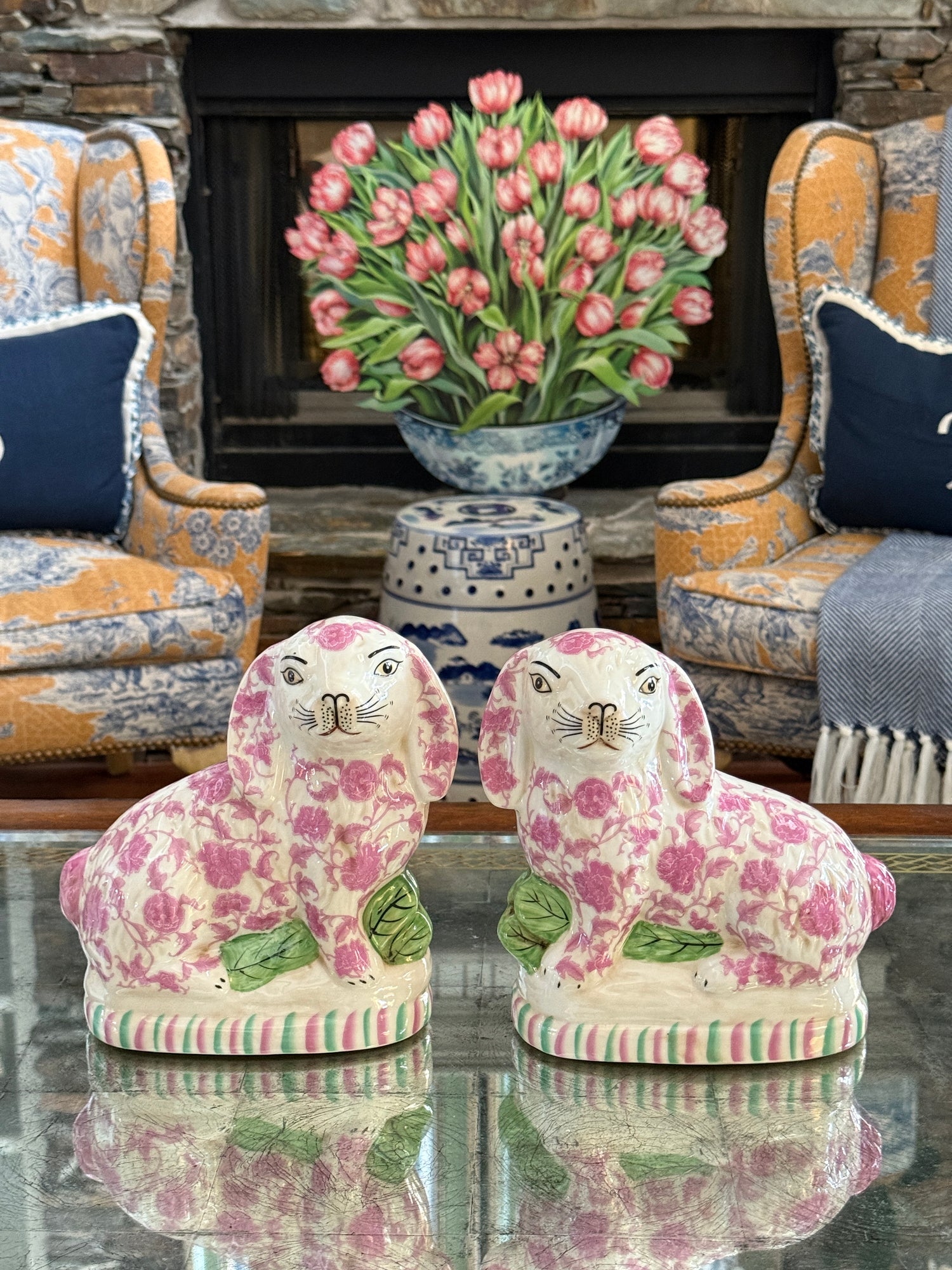 Pink floral Staffordshire bunny figurine pair