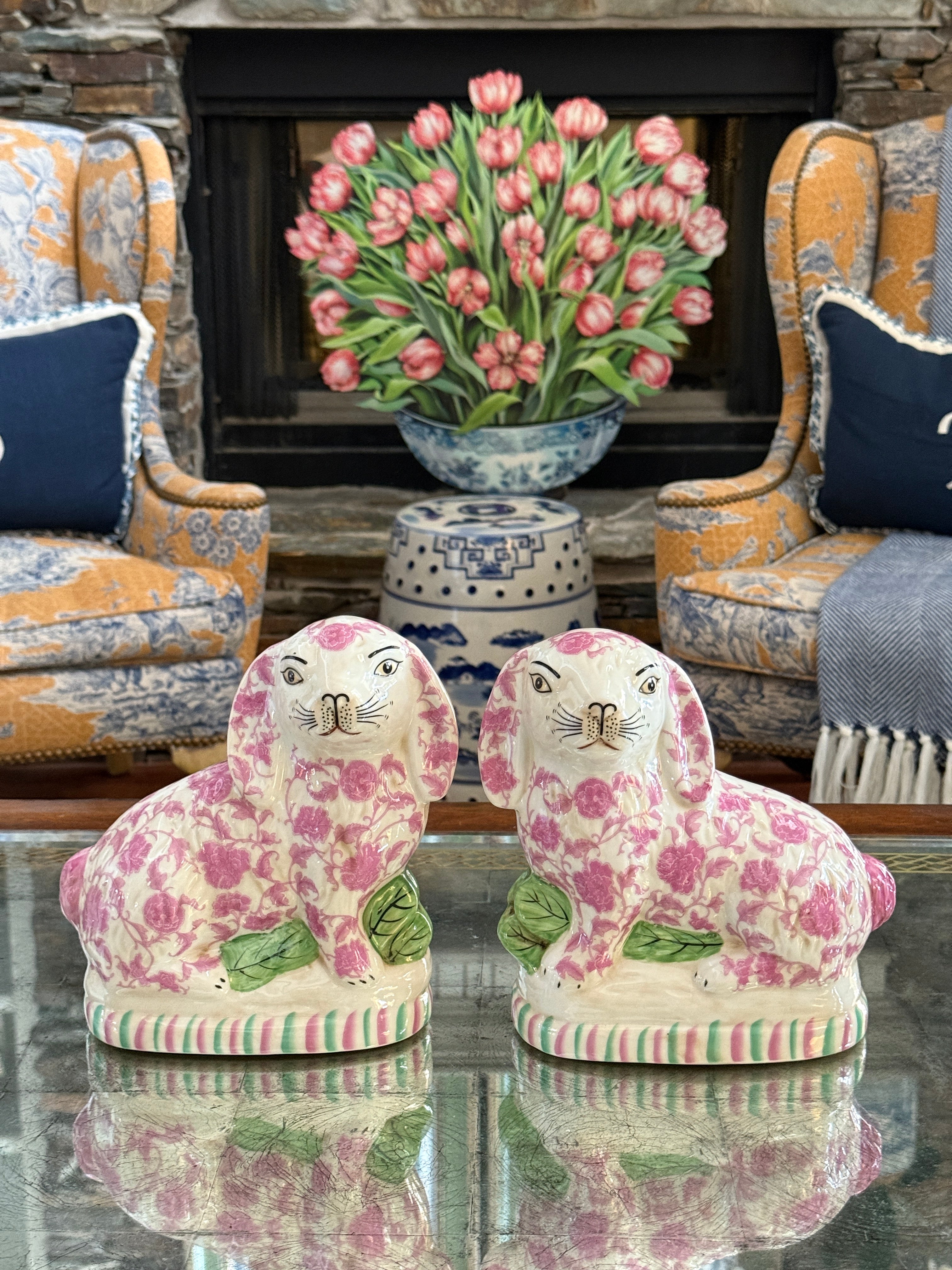Pink floral Staffordshire bunny figurine pair