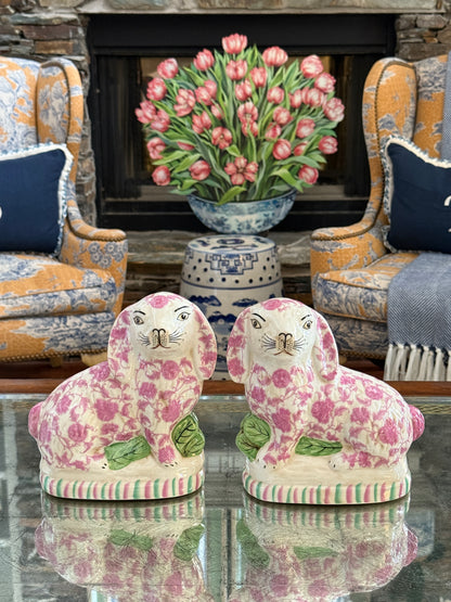 Pink floral Staffordshire bunny figurine pair
