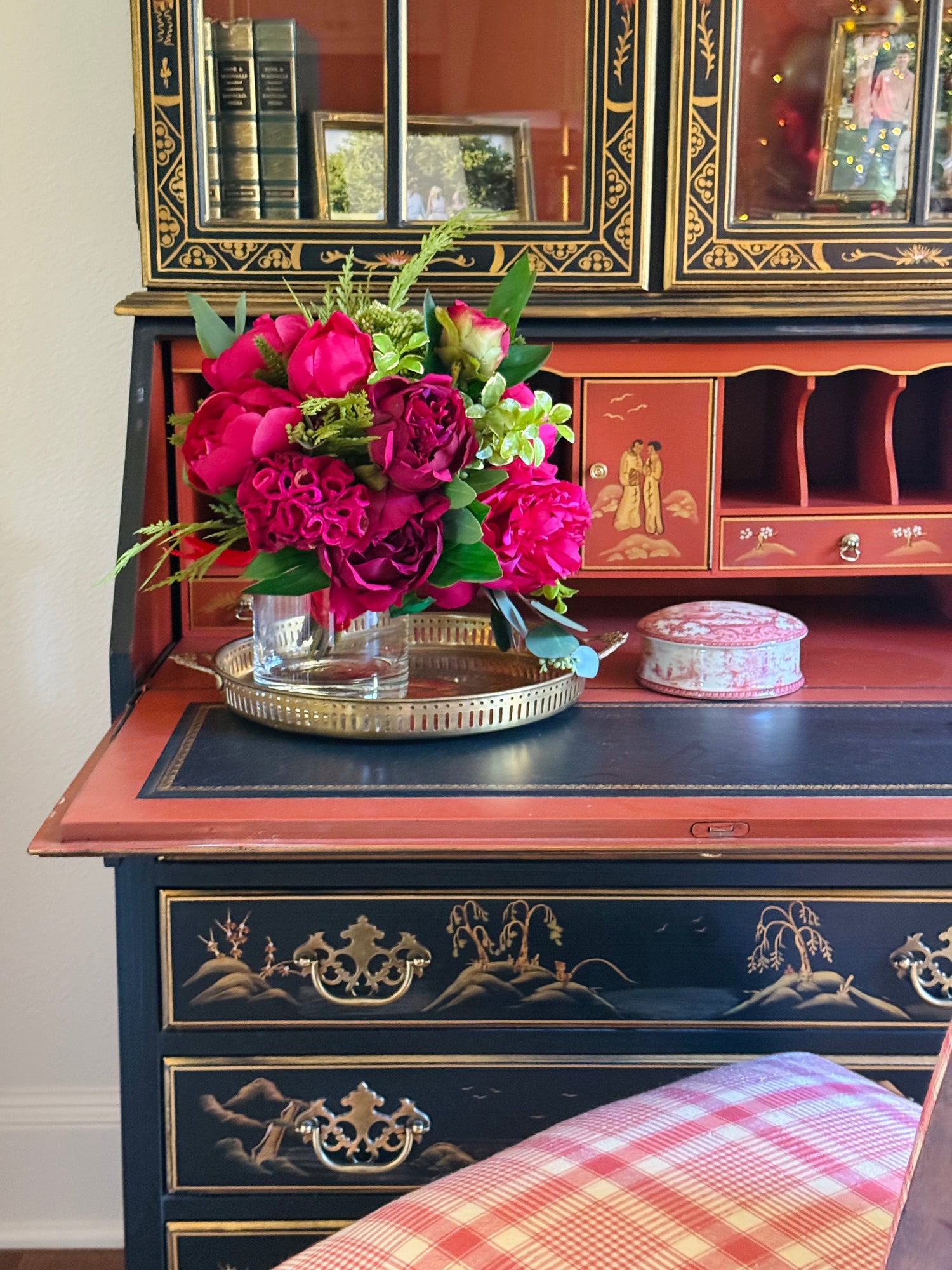 Fuchsia, magenta, and red winter faux floral drop-in bouquet