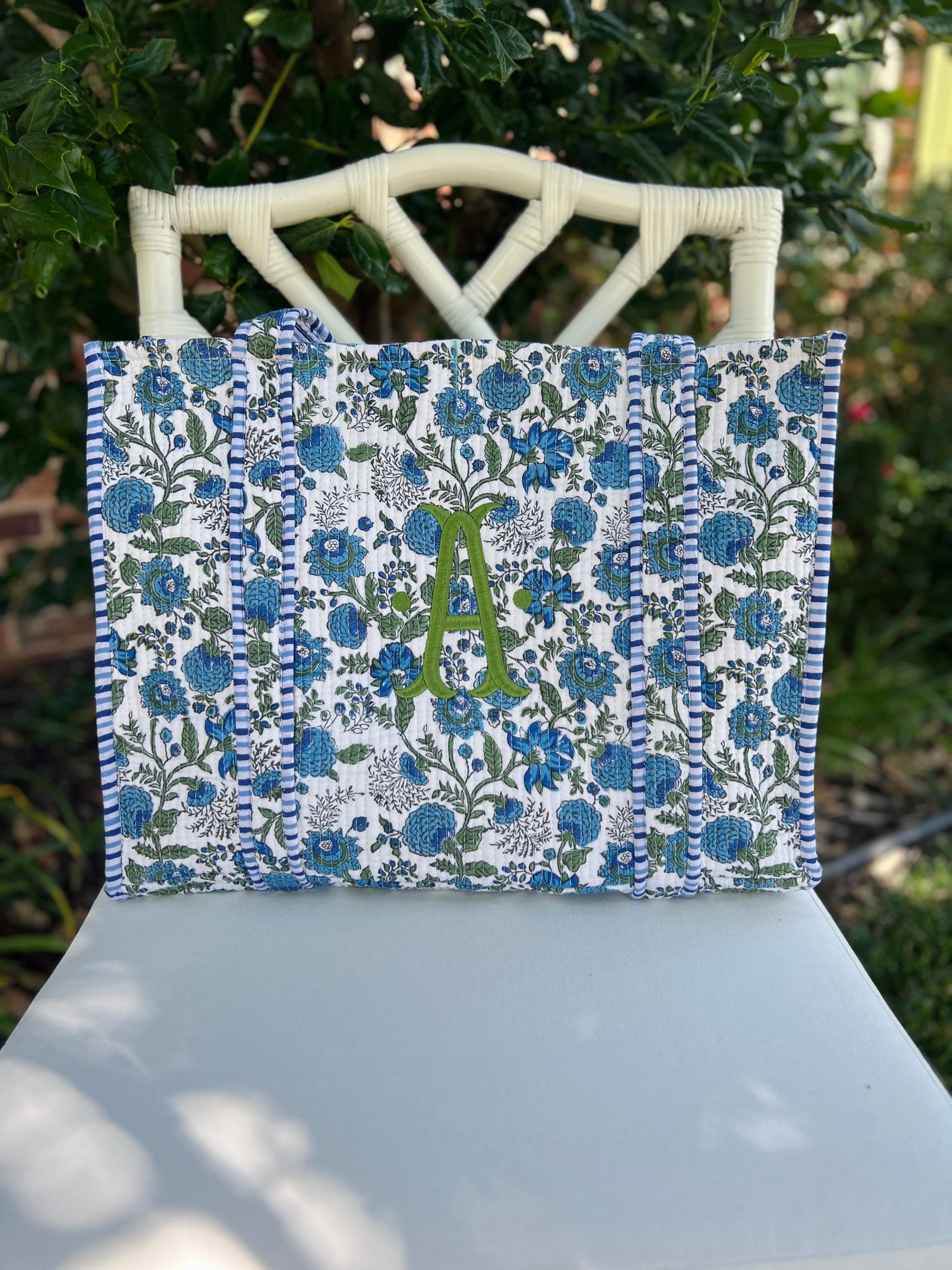 Blue and green block print tote bag monogram available