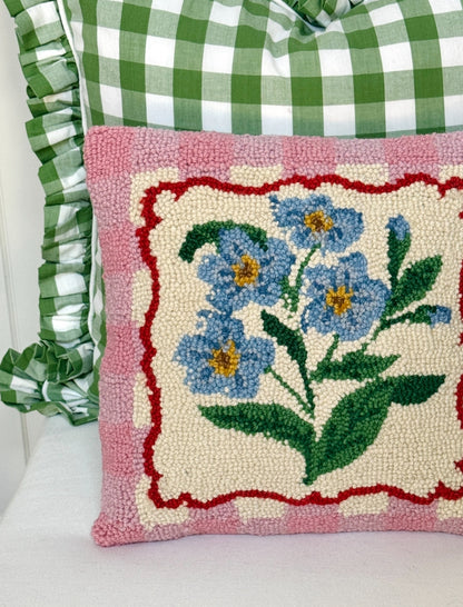 Blue flowers and pink gingham hand hooked pillow