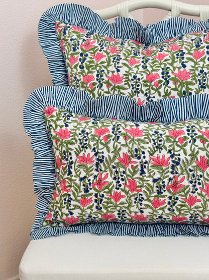 Blue, pink, and green floral pillow cover, two sizes