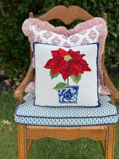 Holiday chinoiserie potted poinsettia hooked wool pillow