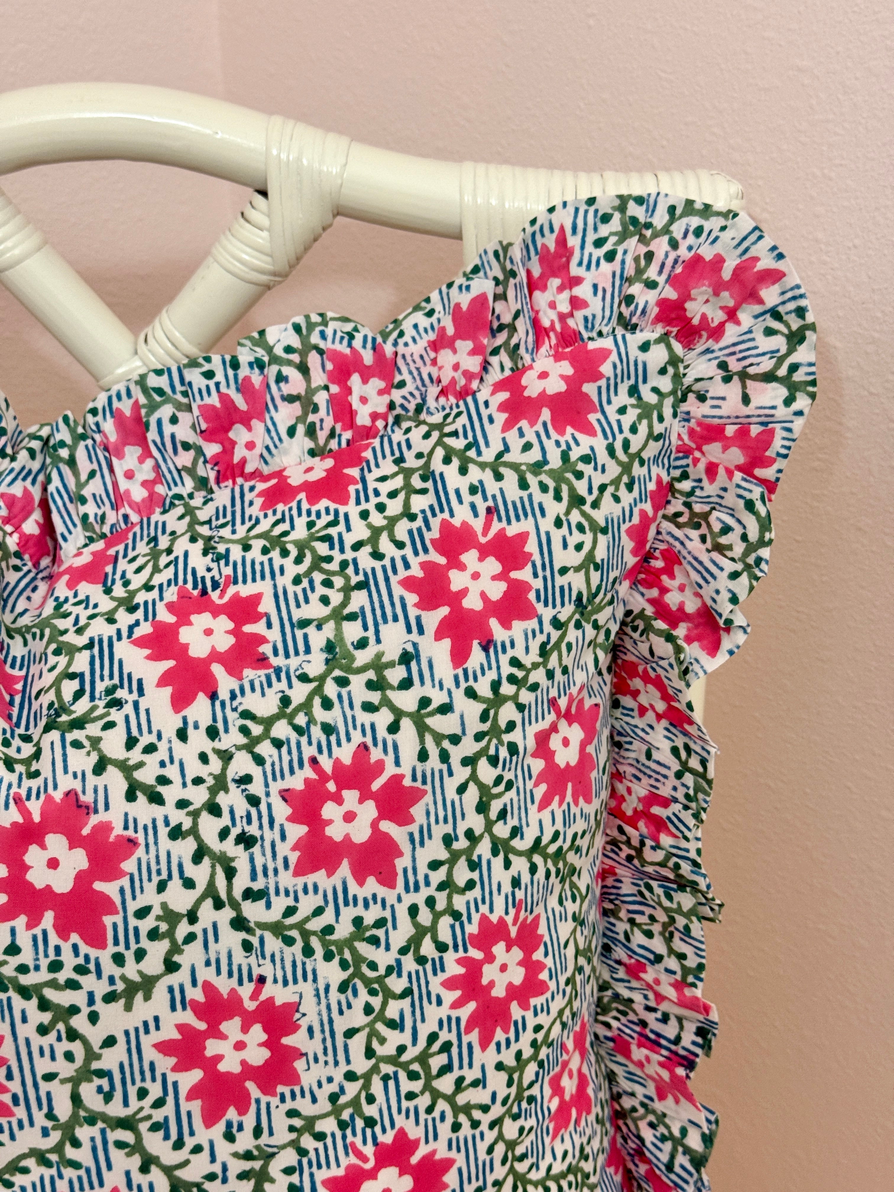Pink blossom block print floral pillow cover