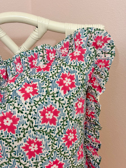 Pink blossom block print floral pillow cover