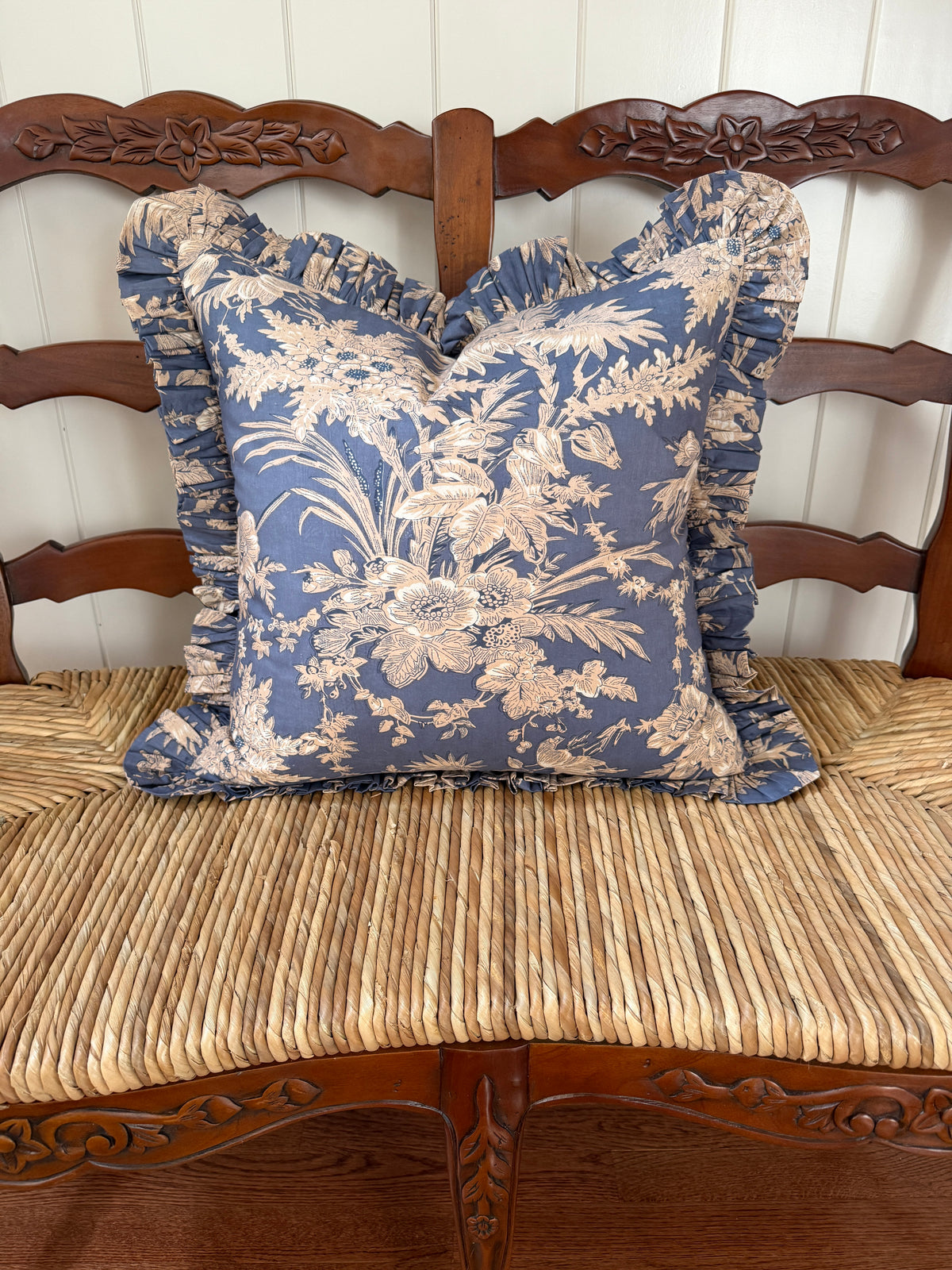 Blue floral toile pillow cover with ruffle trim
