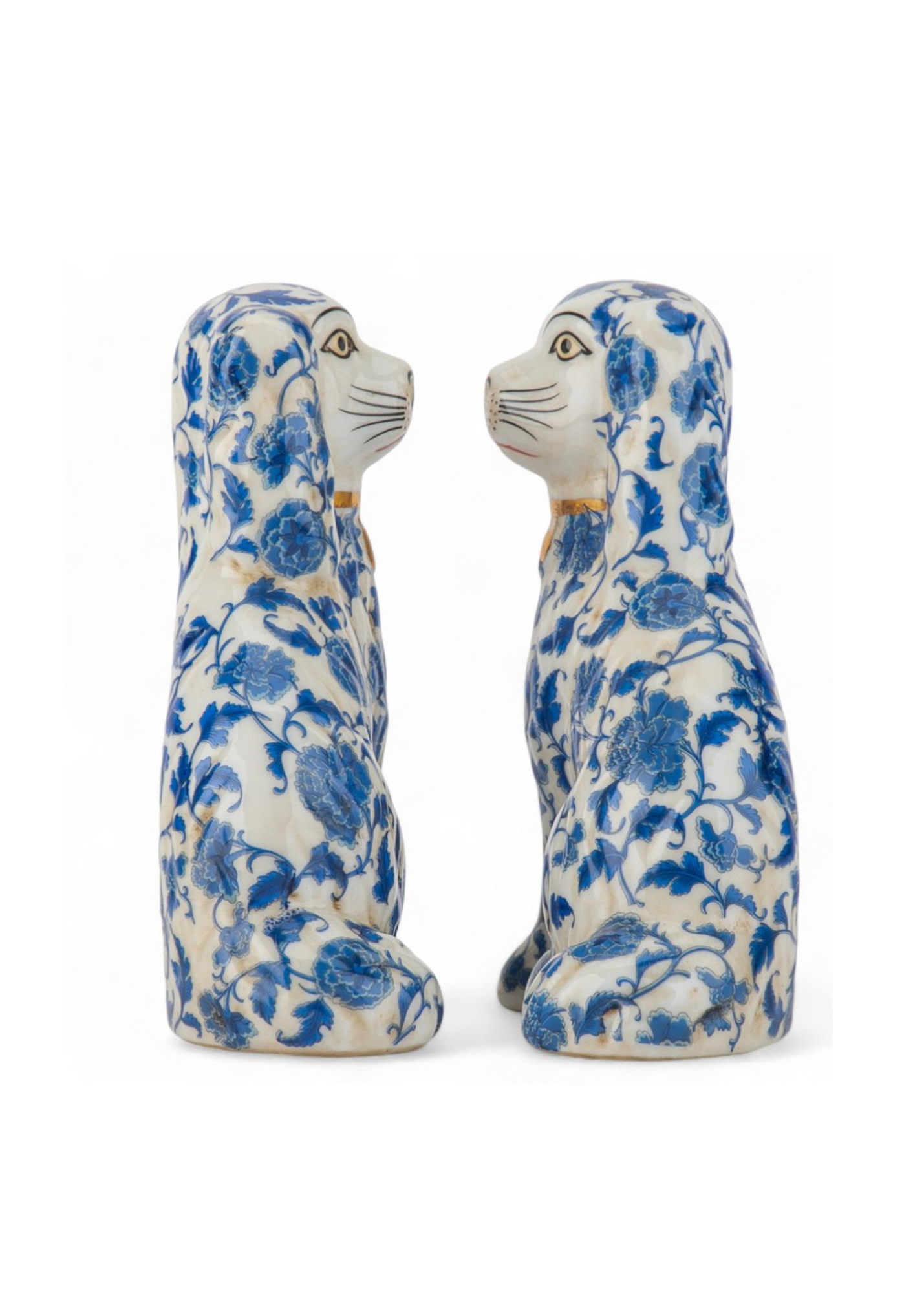 Blue and white floral Staffordshire dog pair 6” tall