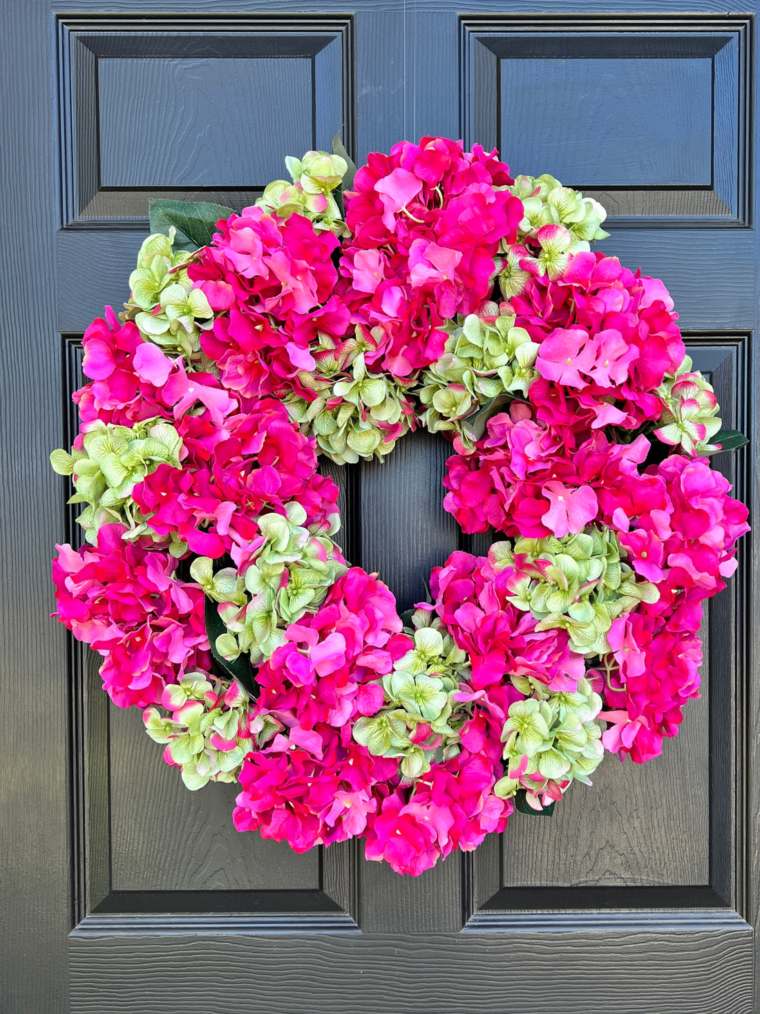 Pink and green hydrangea wreath with optional pink striped ribbons
