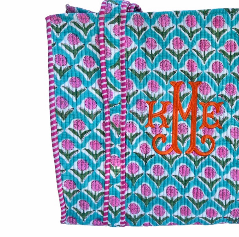 Blue and pink quilted block print tote bag monogram available