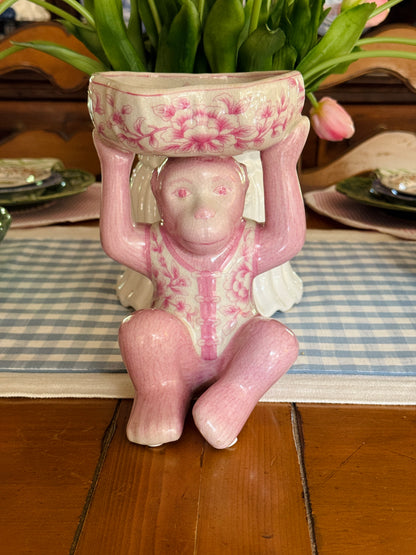 Pink porcelain chinoiserie monkey with lotus bowl