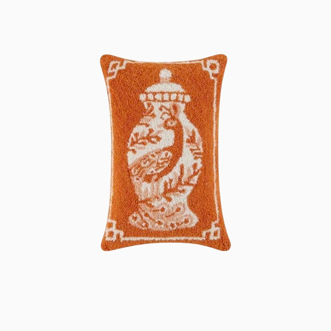 Orange chinoiserie ginger jar hooked pillow