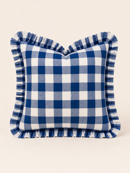Blue buffalo check ruffle pillow cover