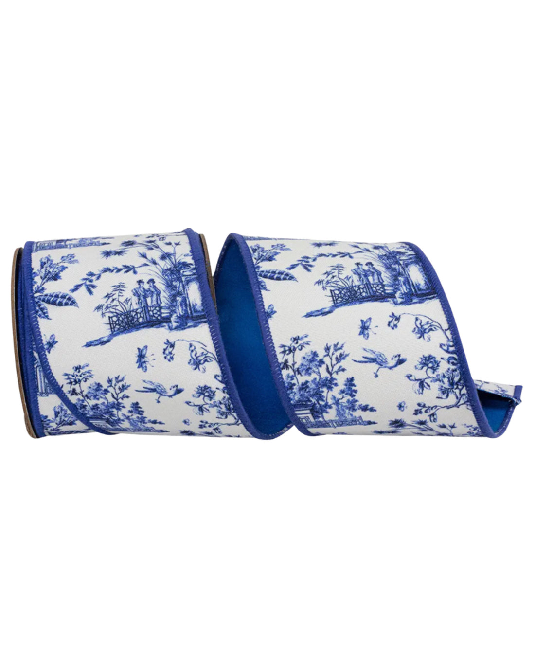 Blue and white chinoiserie ribbon by the roll, 4” wide by 5 yards