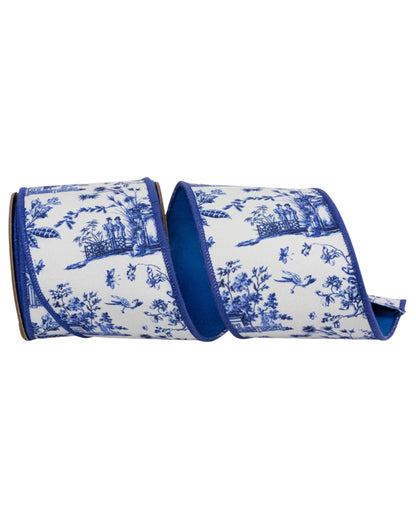 Blue and white chinoiserie ribbon by the roll, 4” wide by 5 yards