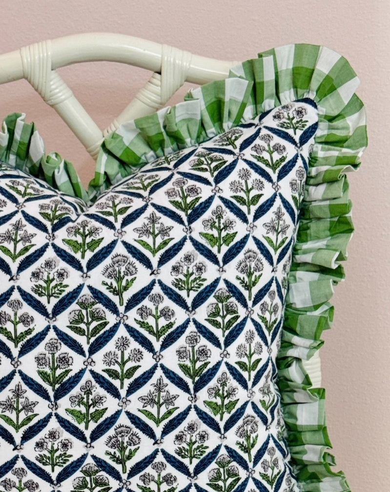Blue and green floral trellis block print ruffle pillow cover with green check ruffle trim